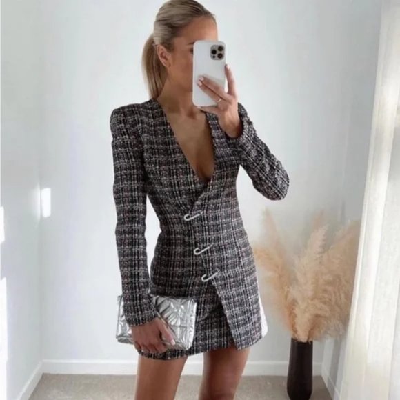 Zara Tweed Textured Blazer Dress Jewel Pins Sz Small Blogger Favorite NWOT - Picture 3 of 10
